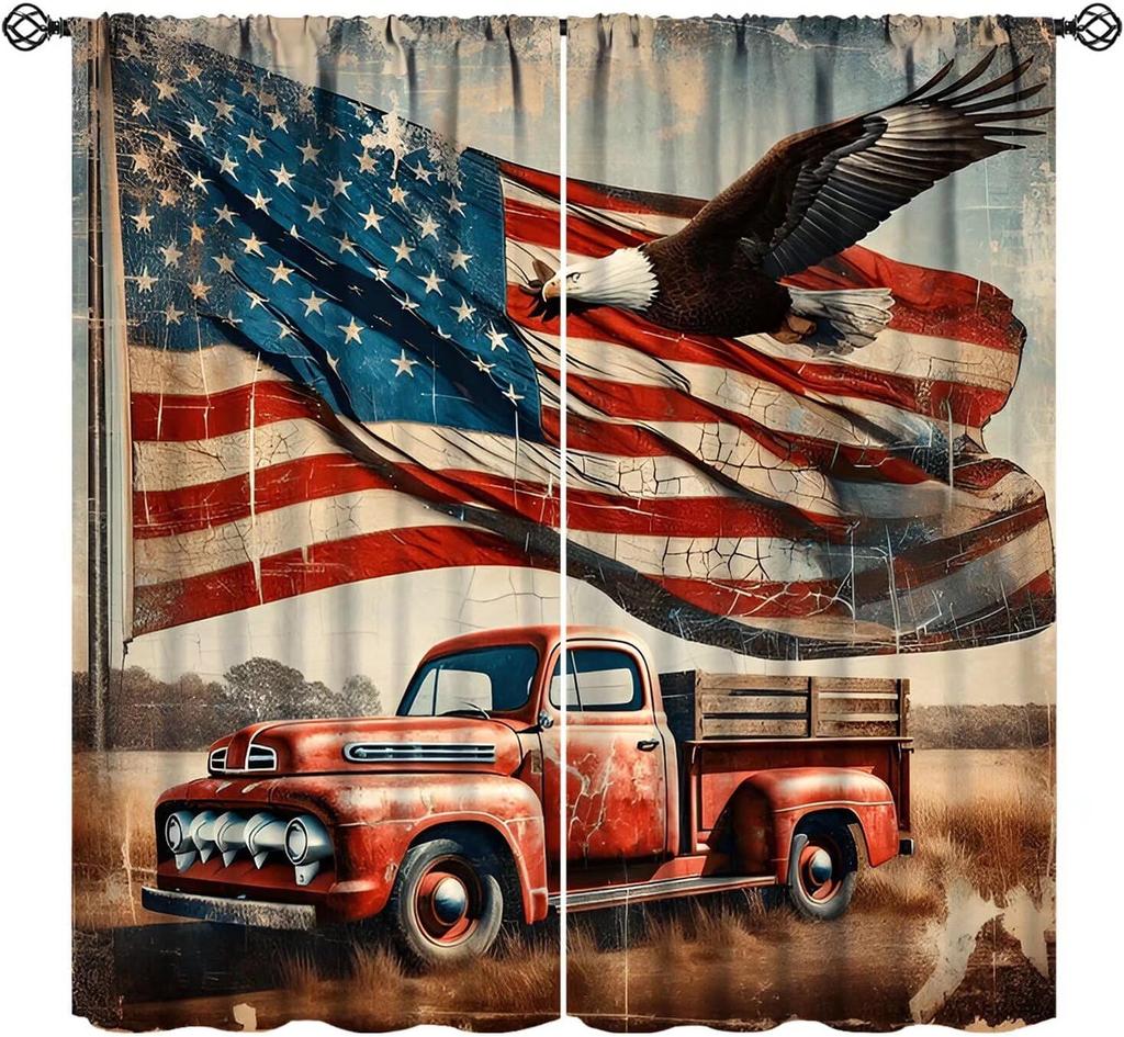 Farmhouse American Flag Curtains Boys Army Green Camo Vintage Stripe Us Print Window Kitchen Bedroom Curtain Polyester Ideal For Sleeping Area