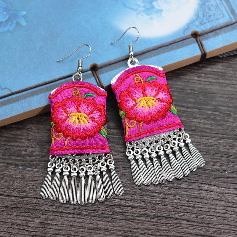 Retro hand-embroidered fabric earrings female long flower fringed versatile temperament performance earrings earrings