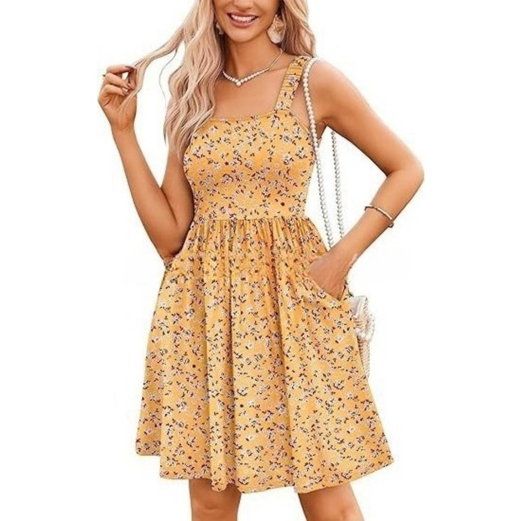 Women's Square Neck Sleeveless Floral Printed A Line Dress Mid Waist Sweet Style Summer Casual Sundress