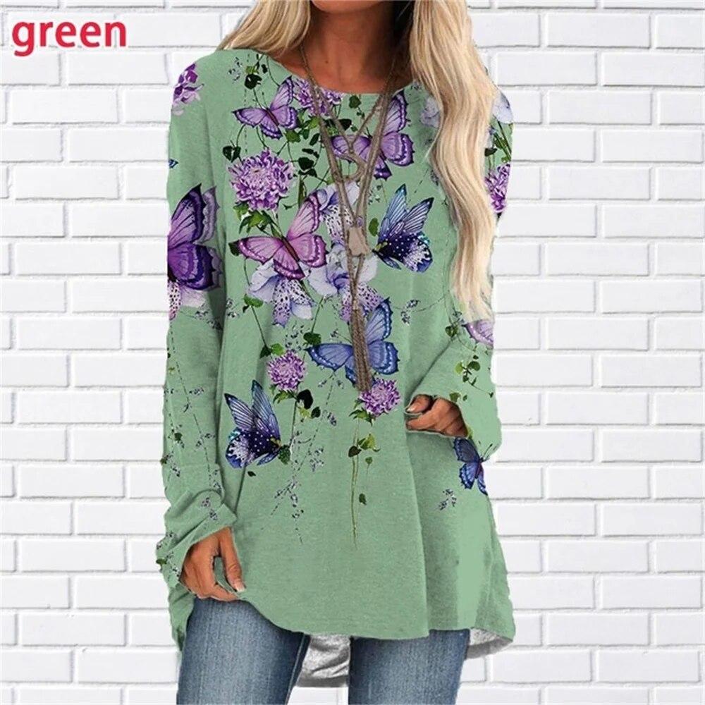 Floral 3d Print T-shirts Women Fashion T-shirt Long Sleeve Tops Tees Summer Long Tops Ladies Camisetas Butterfly Tshirt Girl