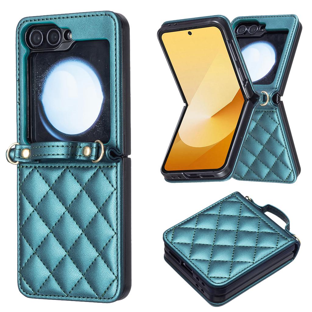 Für Samsung Galaxy Z Flip6 5G/Z Flip5 5G Leder Rückseite Hülle Rauten Handyhülle mit Schultergurt