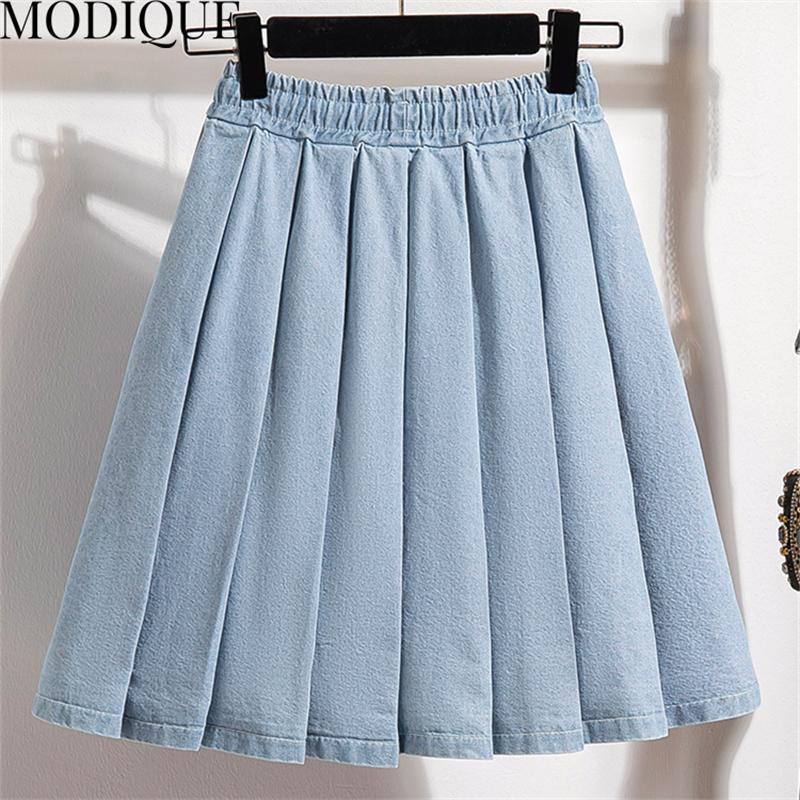 MODIQUE Summer Plus Size Women Loose Basics Elastic Mock Two-Piece Pleated Short Skirts Female Casual Blue Denim Short Pants