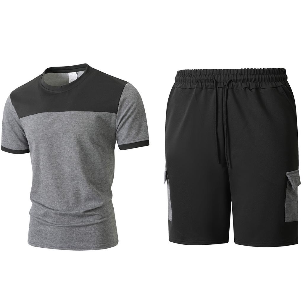 Men Color Block Casual Round Neck Short Sleeve T Shirt Cargo Shorts Two Piece Set