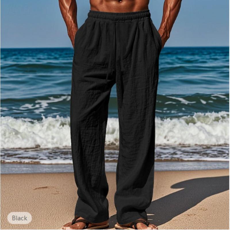 Mens Casual Solid Color Textured Elastic Waist Linen Straight Long Pants With Pockets S чёрный