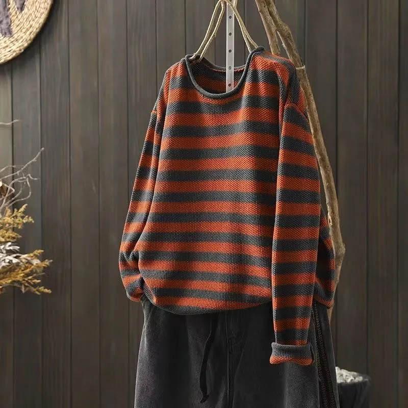 Sweatshirt for Women Cotton Oversize Stripe Loose Round Neck Casual Pullover Long Sleeve Top Sweatshirt