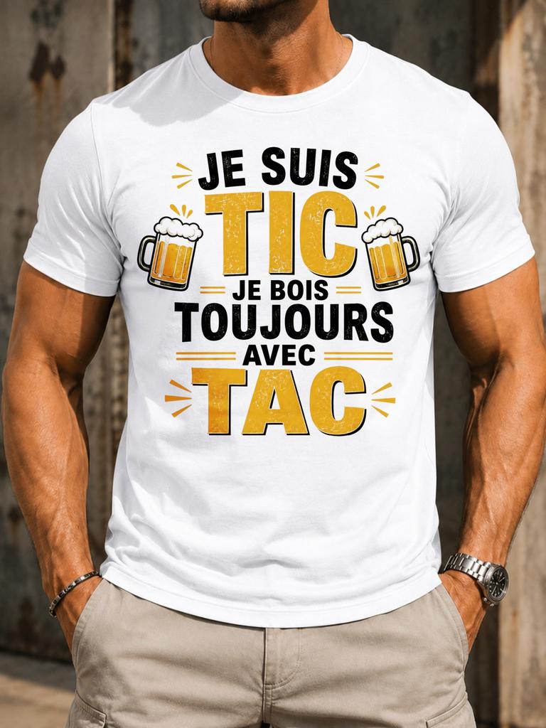 Je Suis Tic Beer Je Bois Toujours Avec Tac Quote French Drinking Humor Bold Yellow Typography Unisex All Tshirt