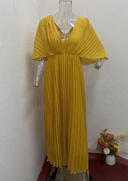Women's Solid V Neck Batwing Half Sleeve Pleated Maxi Dress High Waist Formal Evening Gown XS-3XL