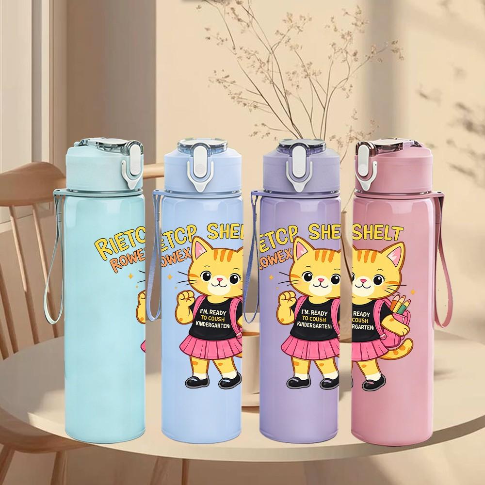 1PC Cartoon Cat Girl Fashion Print 750ml Color Plastic Sports Water Bottle Leakproof Flip Straw Lid Suitable for Sports Office Home Use