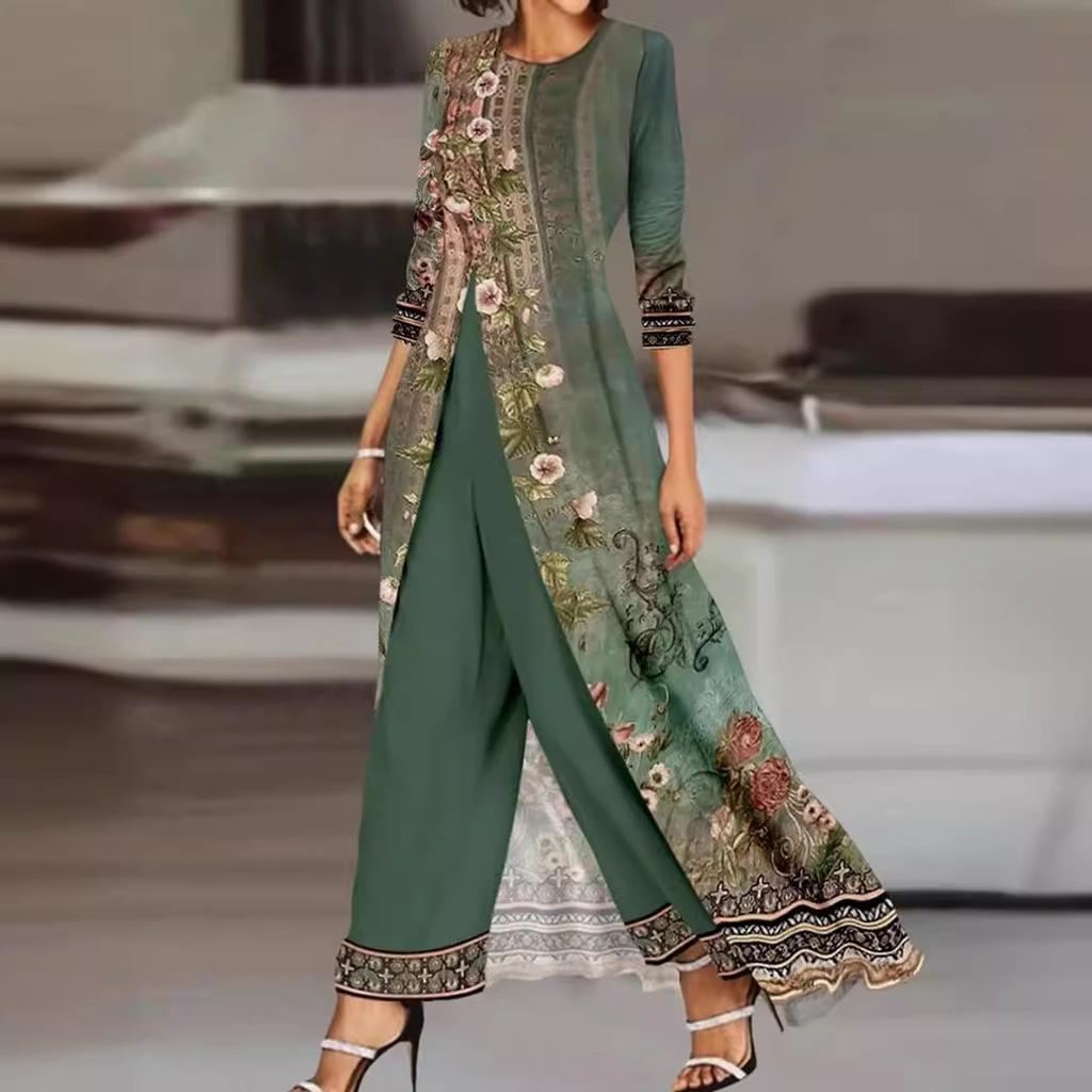 Dámský dlouhý kardigan s květinovým potiskem a odpovídajícími širokými kalhotami, elegantní zelený komplet s krajkovou ozdobou s květy