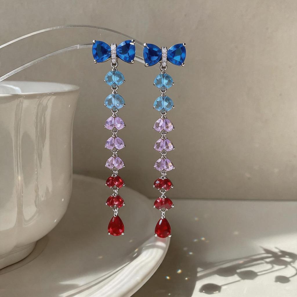 Silver Needle High-End Zirconia Bow Drop Tassel Earrings – Exquisite, Fashionable Luxury Accessories for Women