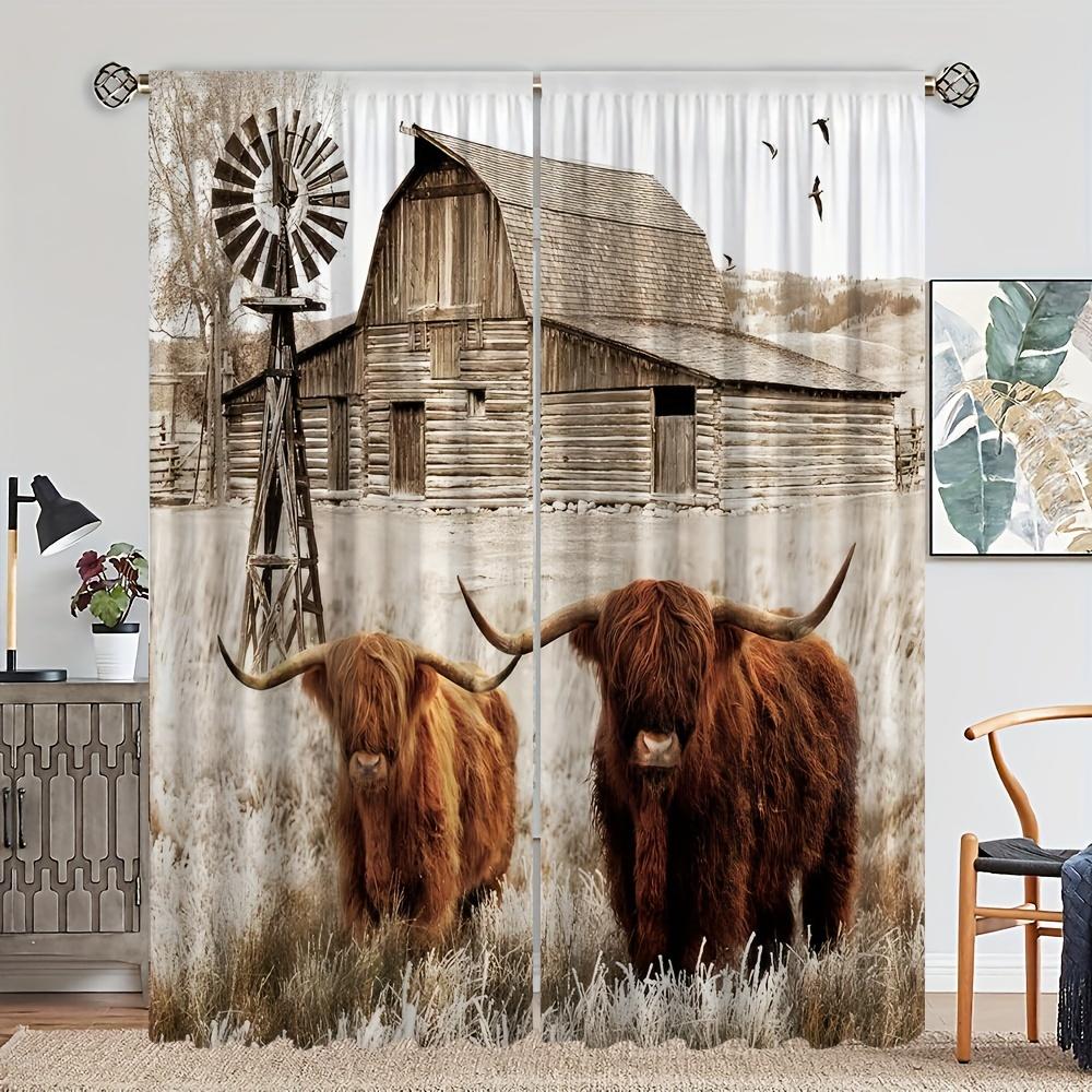 3D Vintage Field Style Curtains, Animal, Cattle, Sheep, Plant, Floral Curtains, Living Room, Bedroom, Balcony, Kitchen Decor