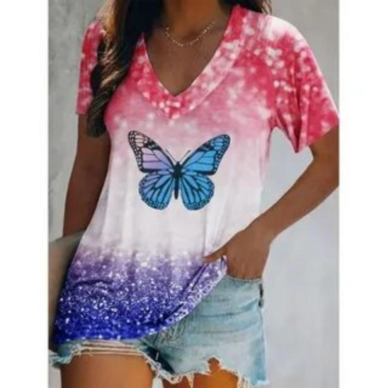 Summer V-neck 3D Creative Butterfly Gradient Printed Top Fashionable Casual Short Sleeved Women's T-shirts