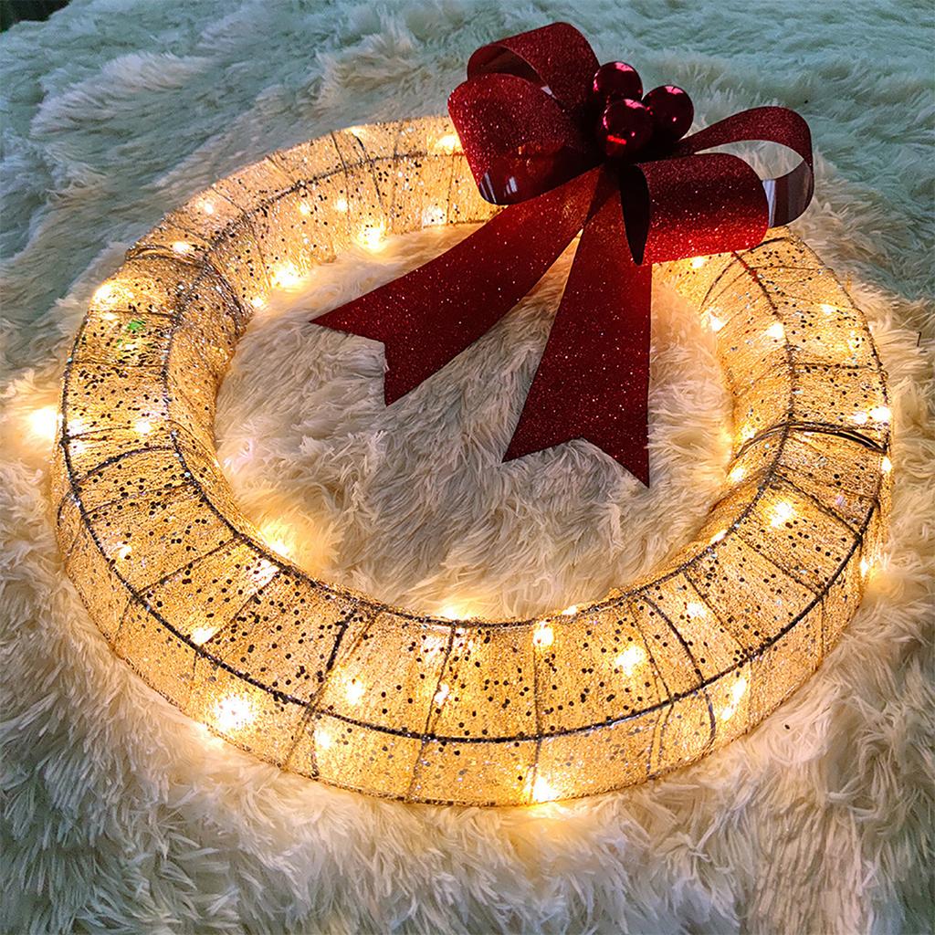 Christmas Metal Light Up Wreath With LED Warm Lights And Ribbon Bow Holiday Decoration