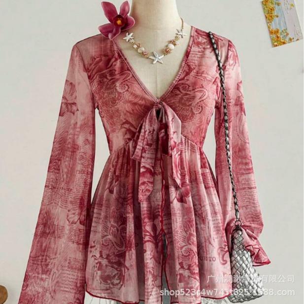 Brown Floral Print Deep V-Neck Long Sleeve Blouse with Bow and Ruffle Hem