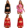 Cutout Back Cold Shoulder Long Sleeve Crop Top and Ruffle Mini Skirt Set with Built-in Garter Belts Glossy PU Leather Women Club