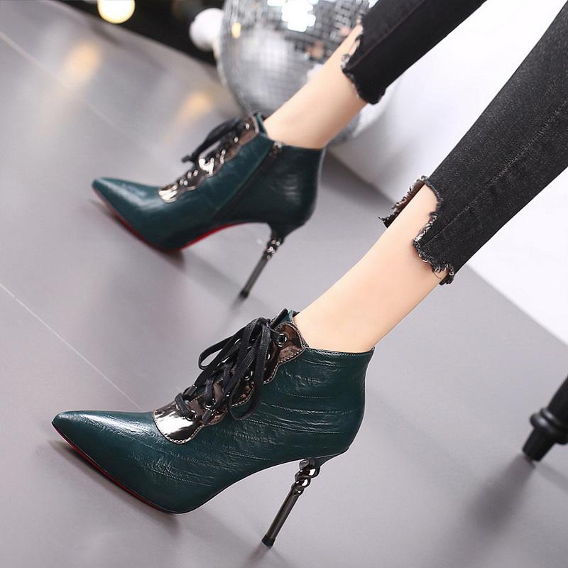 Fashion FHC 2024 New Women Naked Boots,High Heeled Autumn Shoes,Short Botas,Front Lace-up,Pointed Toe,34-39,Black,Green,Dropship