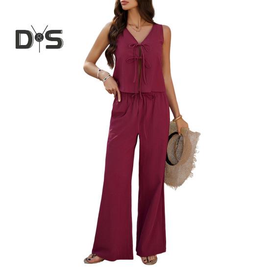 Tenue d'été 2 pièces pour femme, haut sans manches noué sur le devant, pantalon large, tenue décontractée pour la maison, les fêtes et le bureau