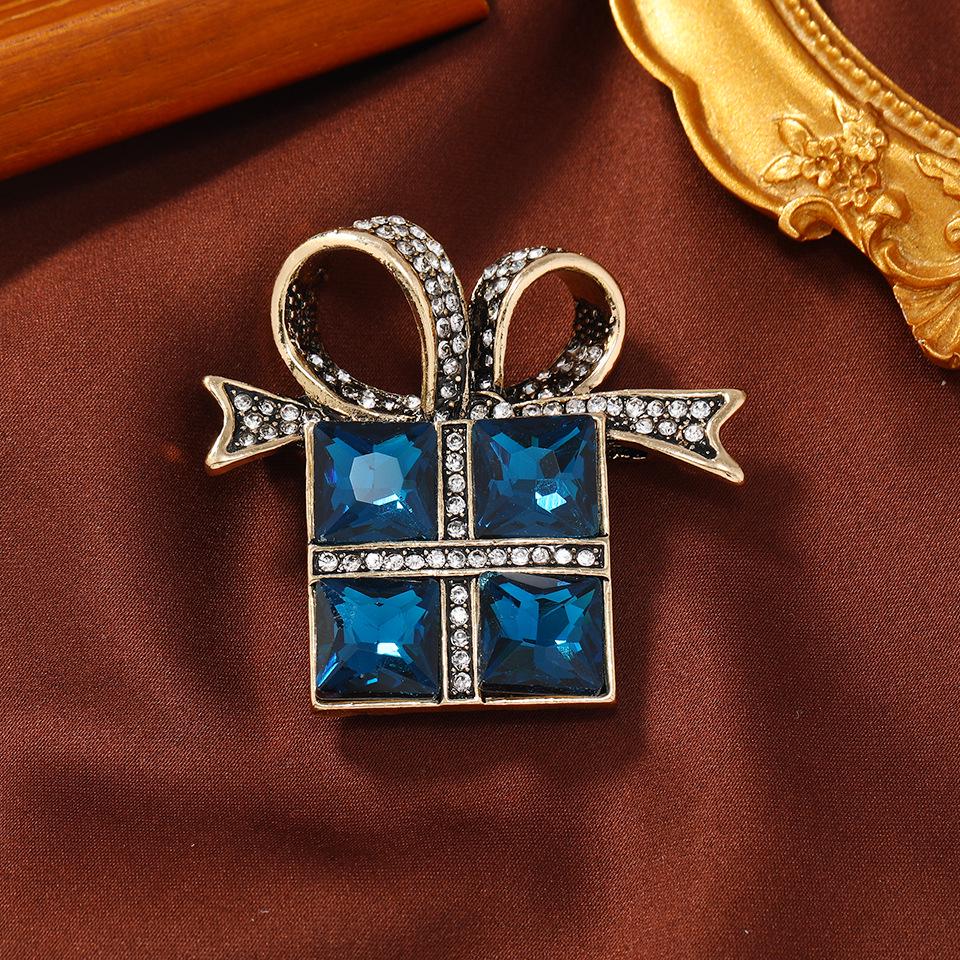 Retro Christmas Glass Rhinestone Brooch Gift Box - Fashion Holiday Pin for Coats and Suits