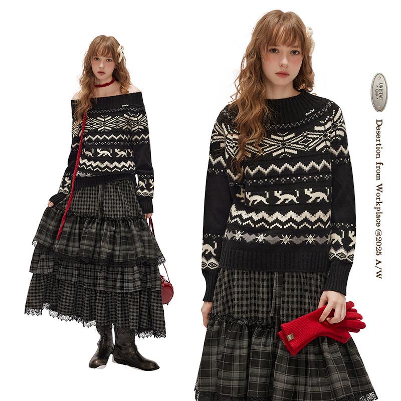 UNIFREE Fair Isle Off-Shoulder Loose Fit Sweater