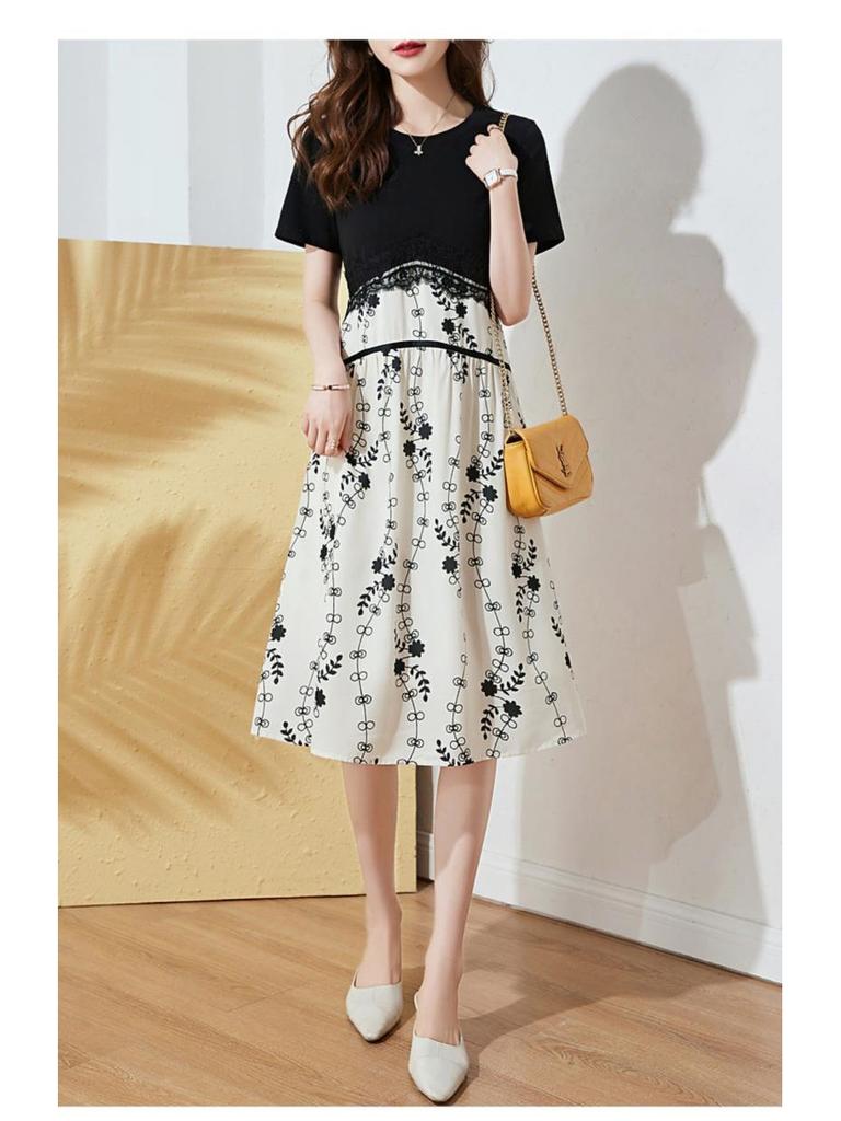2026 Summer Printed Patchwork Two-Piece Midi Dress - Loose Fit, Slimming Tummy Conceal, Korean Style