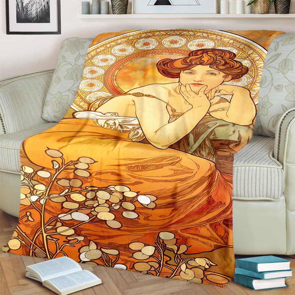 1pc Alphonse Mucha's The Four Seasons blanket, al season lightweigh Poster blanket home office outdoor nap multifunc Poster blanketional blanket
