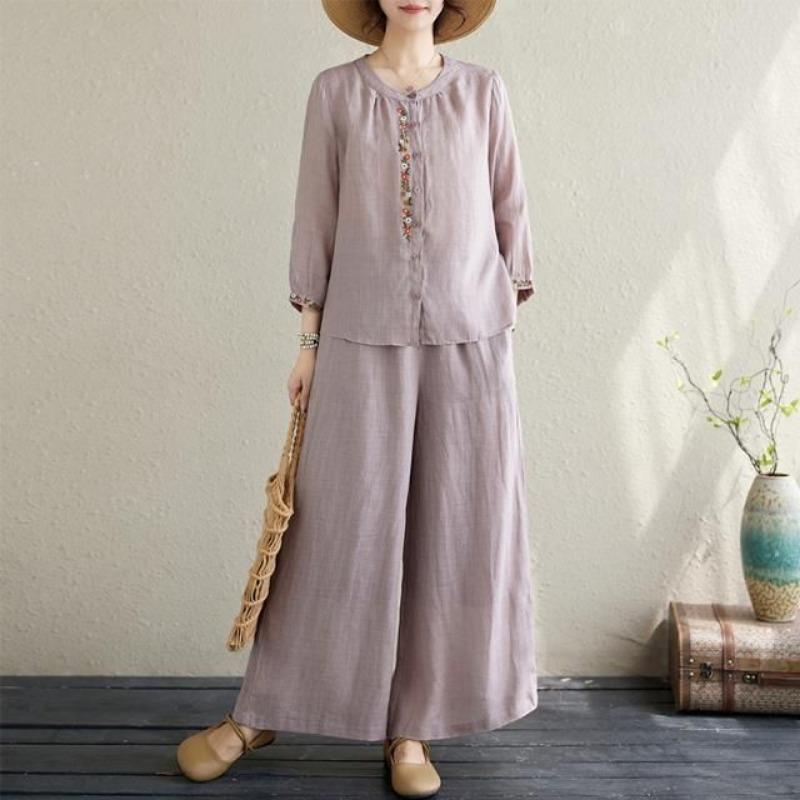 Women Linen Cotton Two Piece Outfit, Embroidered 3/4 Sleeve Top And Wide Leg Pants Set For Casual Daily Wear