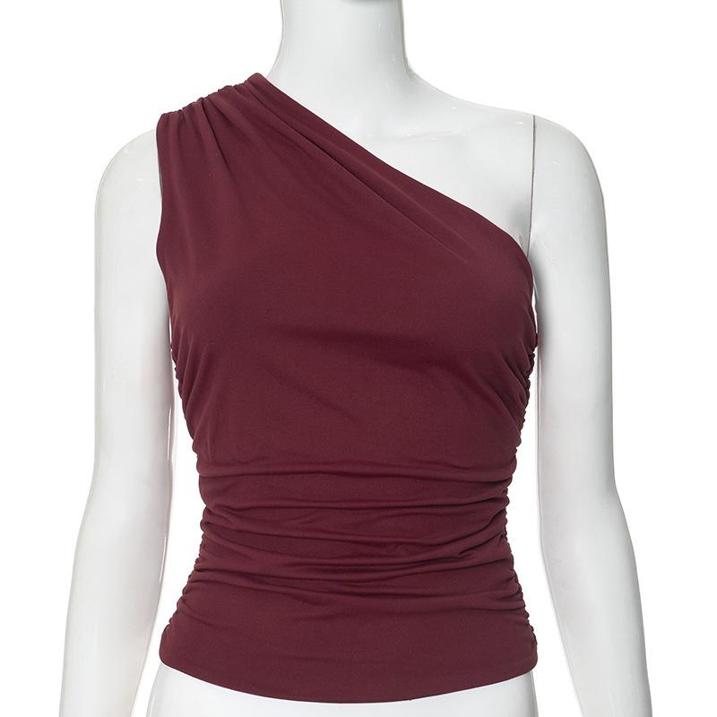 Women's Winter One-Shoulder Backless Ruched Tank Top T-Shirt: Solid Color, European & American Style