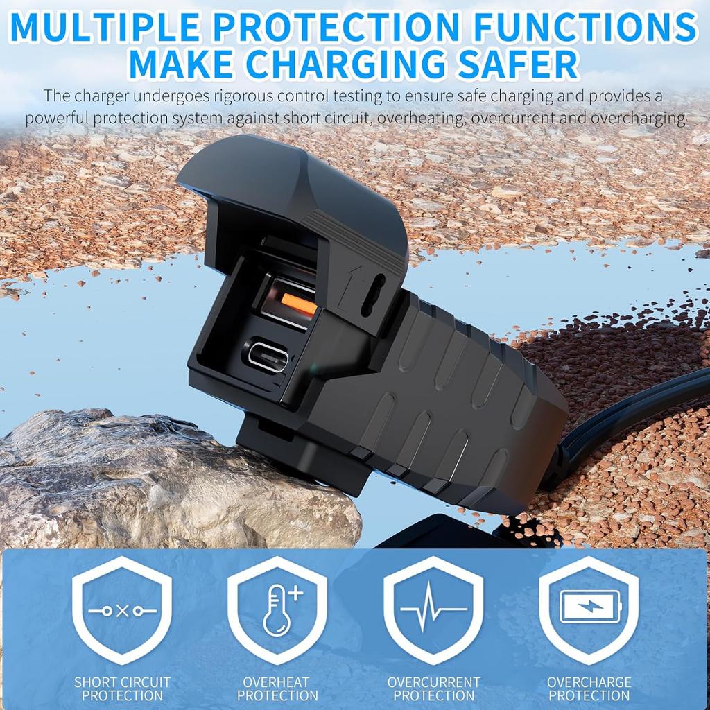 Motorcycle USB Charger, Dual USB Type C 30W PD & QC 3.0 Motorcycle Phone Charger With Voltmeter & ON/Off Switch, Waterproof ATV/Motorcycle/Dirt Bike