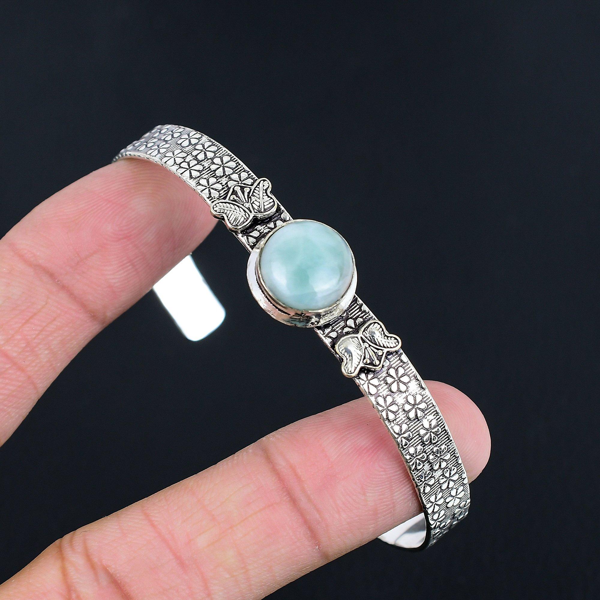 

Сделка ко Дню дочерей Круглый камень ларимар Помолвочный Сестре Браслет-манжета Стерлинговое серебро Adjustable