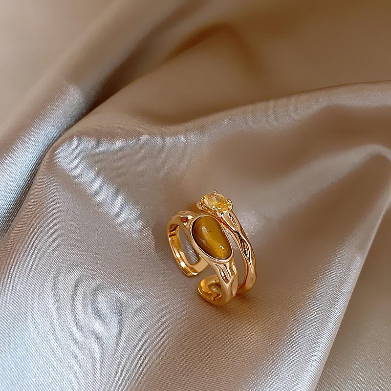 

Tiger Eye Stone Gold Color Open Ring Design Sense Double layered Retro Luxury Tail Ring For Women s Trendy Jewelry Accessories resizable&Gold-color