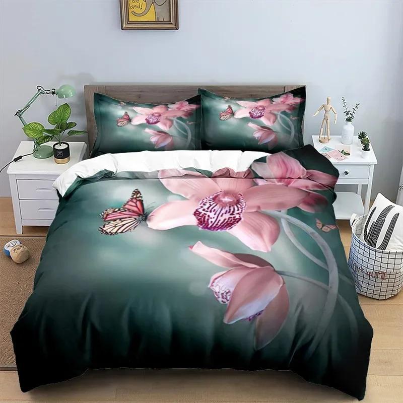 Soft Butterfly Floral Duvet Cover Queen Size For Adults Kids Girls Teens Bedroom Decor Flowers 3D Print Bedding Set Pillowcases