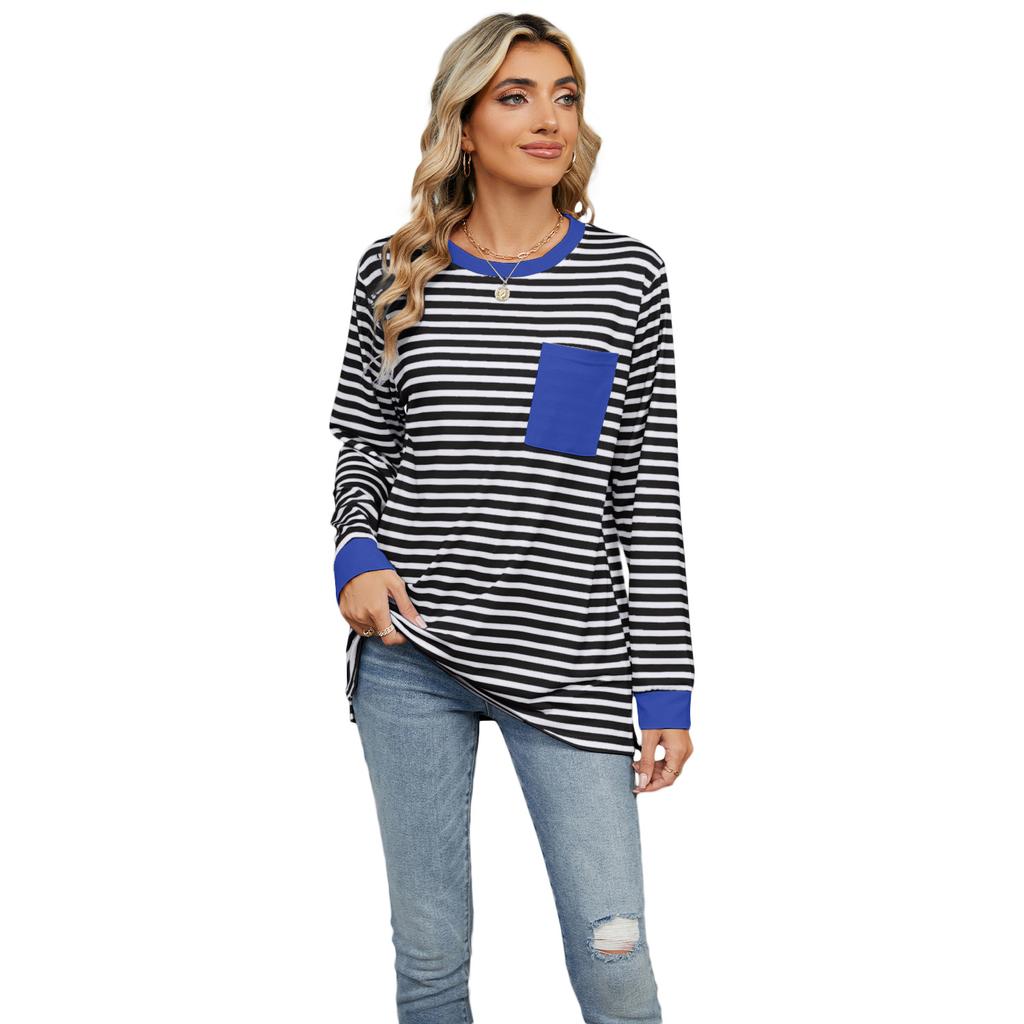 Spring Autumn Long Sleeve O Neck Striped Single Pocket Women Pullover T Shirt Blouse Top