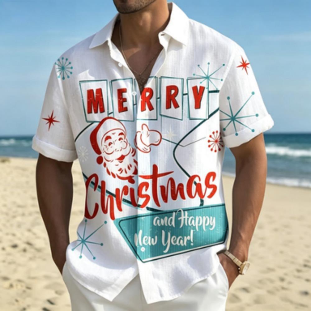 Men's short sleeved shirt, Santa Claus printed short sleeved shirt, European and American holiday casual collar shirt
