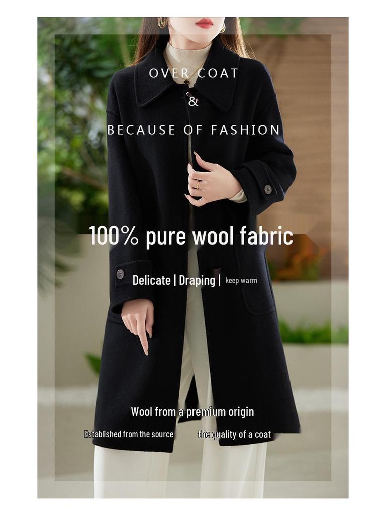 Women's Slim Fit Long Wool Coat with Wide Lapel and Toggle Closure - Double-Faced Woolen Overcoat for Autumn/Winter