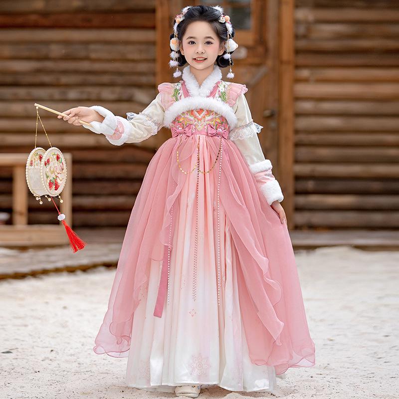 2026 Girls Hanfu Velvet Winter Dress – Thick, National Style Skirt, Super Fairy Ancient Design 140 cm