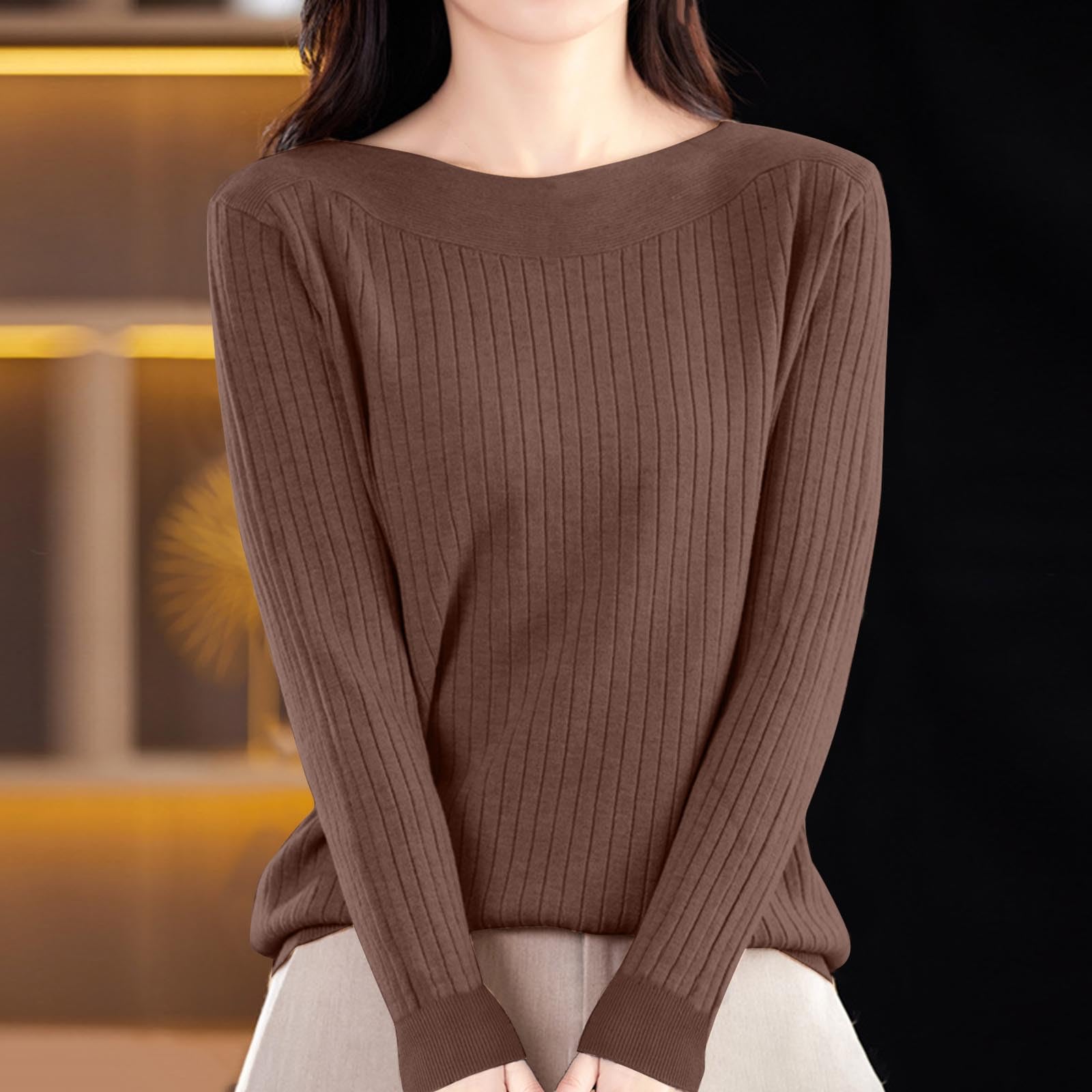 

Women s Casual Round Neck Knitted Long Sleeve Undershirt One-Shoulder Sweater S