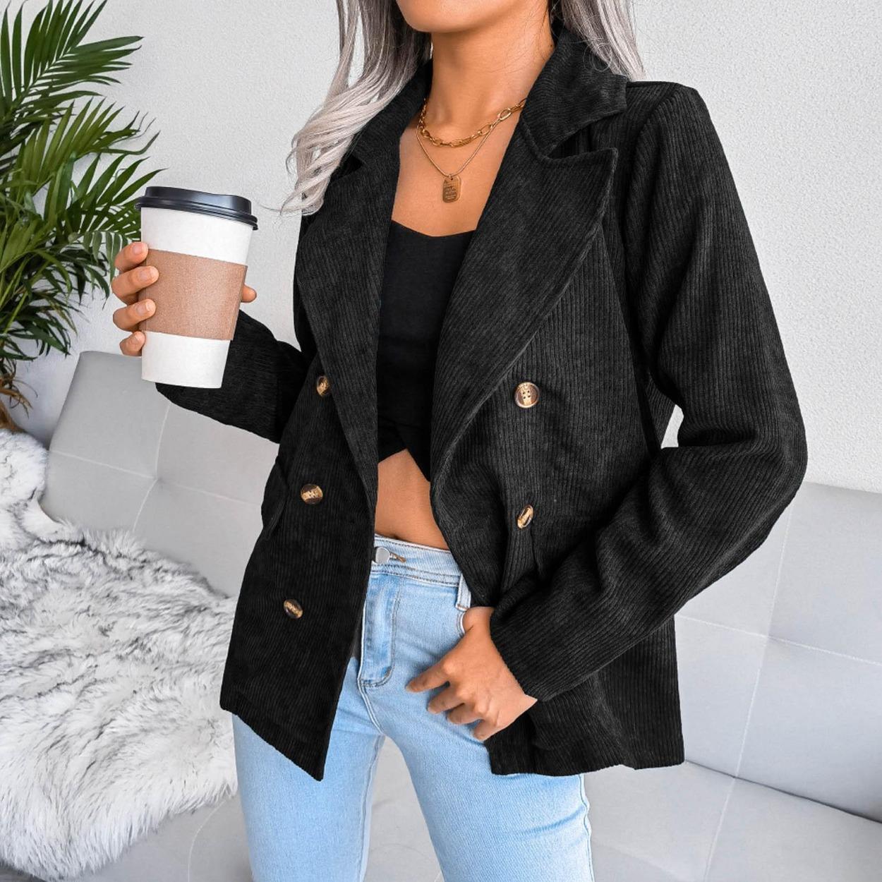 

Женская мода сплошной цвет Slim Fit двубортное пальто S чёрный