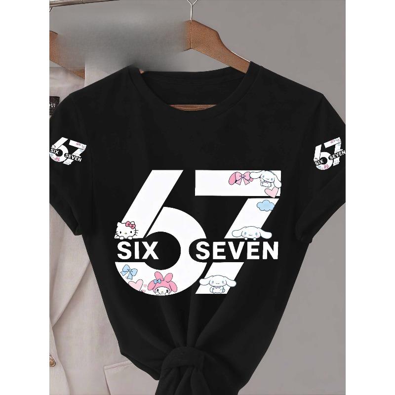 

European sizes Sanrio Cute Anime T-Shirt | Women s Soft Summer Short Sleeve Blouse with Number 67, Machine Washable Round Neck Top 4XL чорний