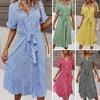 Lapel V-neck Short Sleeve Women Dress Single-breasted Belt Split Hem Sweet Floral Print Shirt Midi Dress