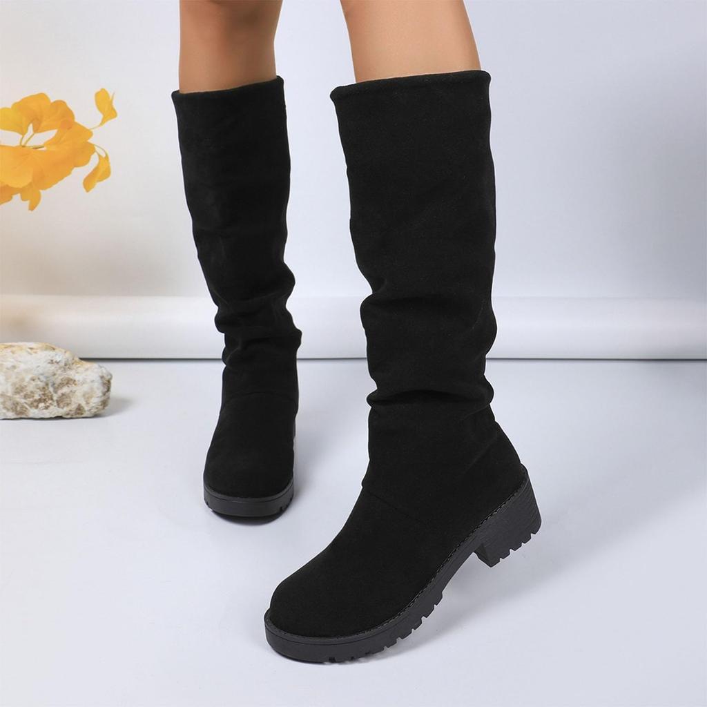 Damen Wintermode Hohe Wadenstiefel Einfarbig Lässig Stretch Kniehohe Stiefel Profilsohle Blockabsatz Stiefeletten