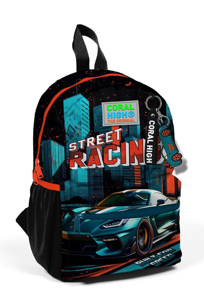 Batoh Mini Nest s černým vzorem závodních autíček, dvěma přihrádkami, 23565