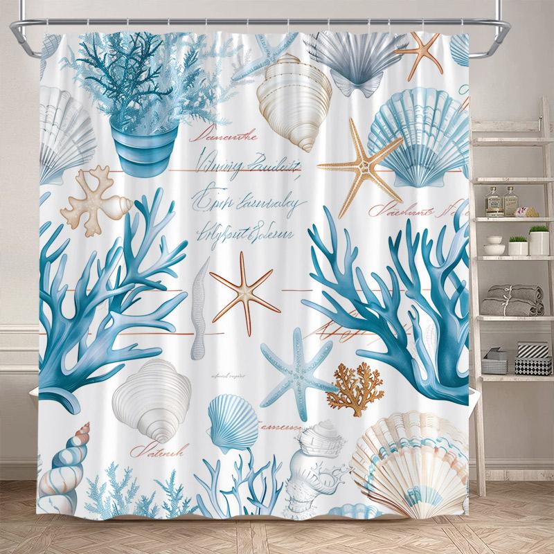 Nautical Ocean Shower Curtains Blue Shell Conch Seaweed Starfish Bath Curtain Set Polyester Fabric Bathroom Decor with Hooks