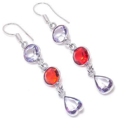 Natural Mozambique Garnet,Amethyst Stone 925 Sterling Silver Earring 2.44" F3e73