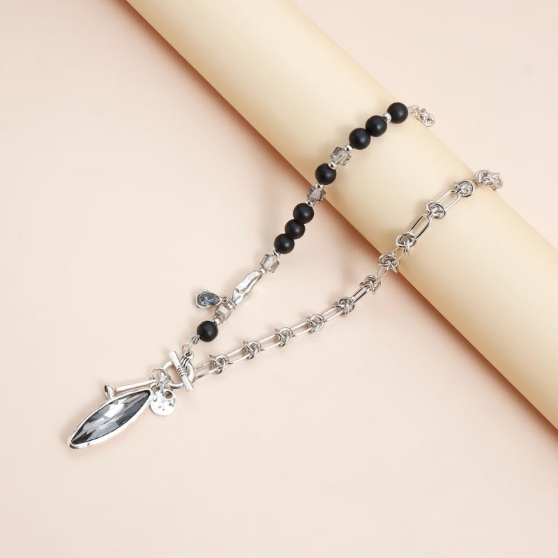 Elegant Oval Mirror Pendant Necklace With Black Diamonds Effect For Women Fashion Jewelry
