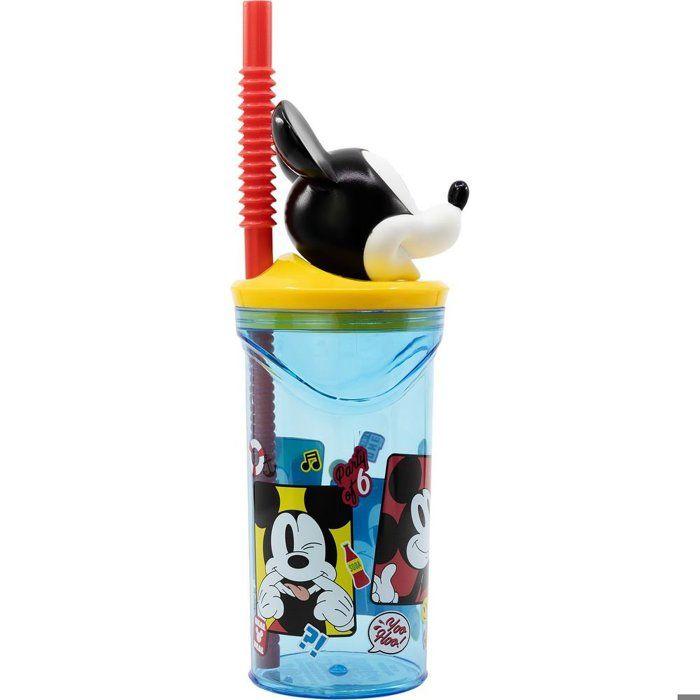 Boissons Fruitees Tataway Gobelet Réutilisable en Plastique Bleu Disney Mickey Mouse pour Enfants 360 Ml avec Paille et Figurine 3d
