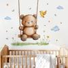 Cute Cartoon Fluffy Bear on Swing with Butterfly Grass Wall Stickers, Self-Adhesive Decor for Bedroom Dorm Room Home Decoration
