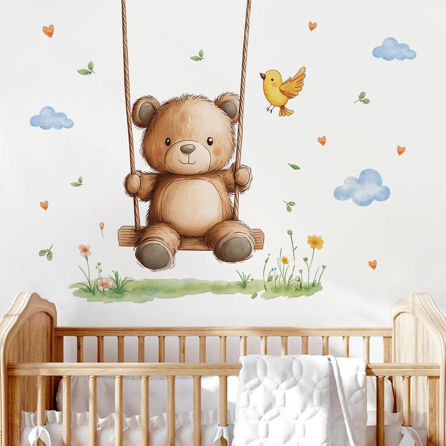 Cute Cartoon Fluffy Bear on Swing with Butterfly Grass Wall Stickers, Self-Adhesive Decor for Bedroom Dorm Room Home Decoration