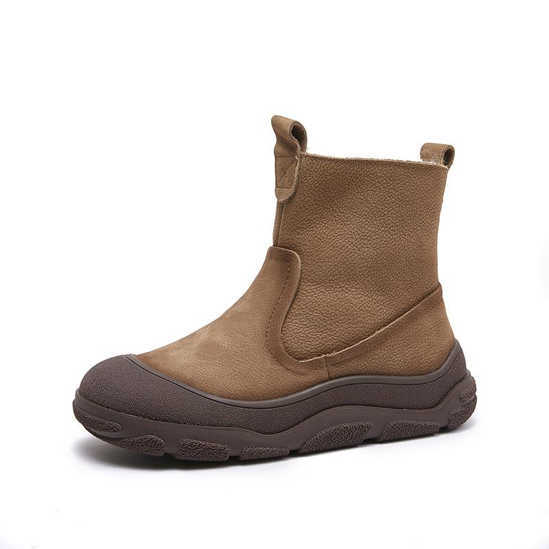 Johnature Genuine Leather Wool Warm Boots Round Toe Thick Soled Side Zipper Retro Women's Short Boots