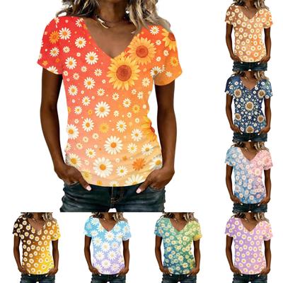 Women Casual V Neck Short Sleeve Floral Print T Shirt Lightweight Soft Fabric Comfortable Fit Summer Top