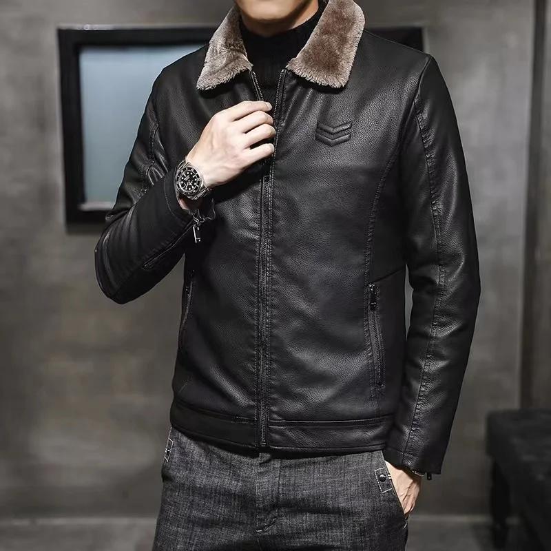 Winter Faux Fur Collar Windproof Warm Coat Men's Luxury Clothing Vintage Brown Leather Jacket Men's Brand Leather Jackets Men